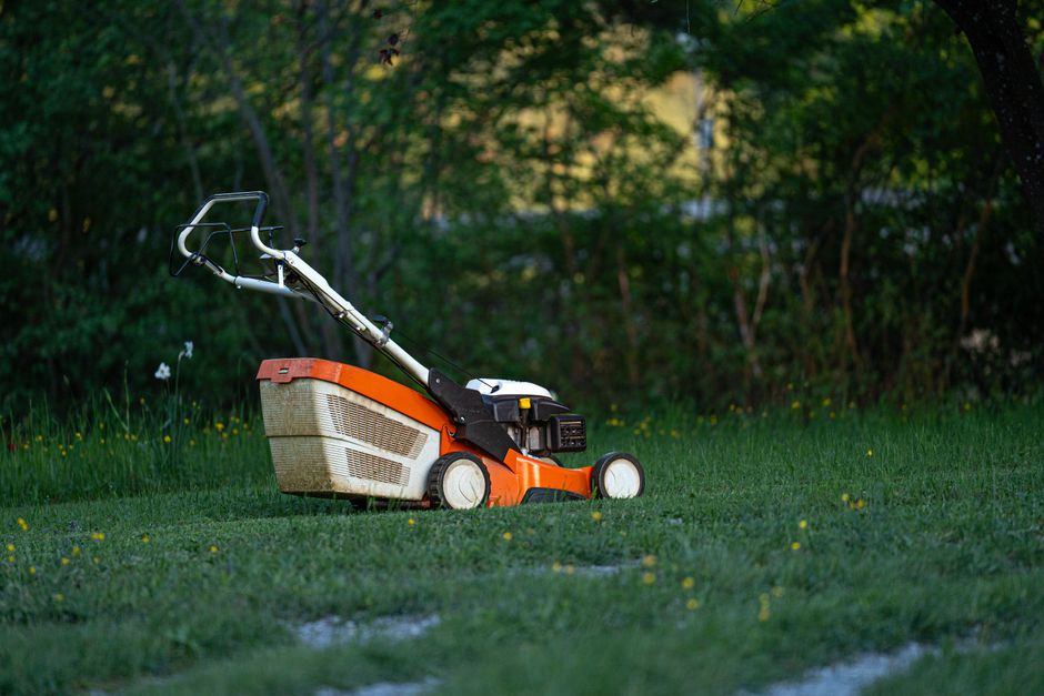 Professional pushing a lawn mower on green grass